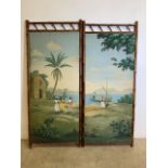 Two late 19th early 20th century bamboo screens with later painted West Indian scenes inserted,