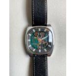 A Bulova Accutron stainless steel gentleman's wristwatch, circa 1975, with rounded square skeleton.