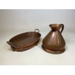 A large copper Victorian Two Gallon jug together with a copper tray W:30cm x H:33cm jug