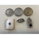 Three silver flower medals, silver pill box, whistle and a Charles Horner `brooch (a.f) 99 grams.