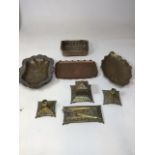A brass desk set together with an Art Nouveau style copper tray and other brass items