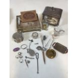 A quantity of silver plated items, silver rings, a silver topped glass salt, a 19th century glass