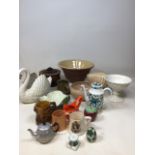 A glazed Smallbrook Ware dairy bowl (A/F) , a Dartmouth swan, Sylvac flower bowls and other items