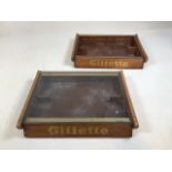 Vintage Gillette razor display cabinet with hinged glass top 39cm wide together with one other