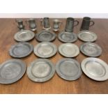 A large collection of old English pewter plates and tankards. Compton London, John Jones London,