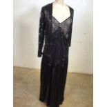 1930s heavily beaded full length satin bias cut dress together with heavily beaded jacket. Needs