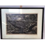 A woodcut of an early industrial scene of workers crossing. Indistinct signature W:50cm x H:35cm