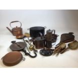 A quantity of metal ware items including a copper kettle, bellows, a Salter spring scale, a