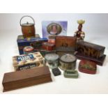 A quantity of vintage tins, some containing buttons, an old oak rum bottle and a biscuit barrel