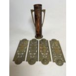 Four brass door plates also with an art Nouveau copper and brass vase. H:31cm