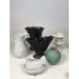 A black Beswick fan shaped flower vase together with other vases and 2 Portmerion items