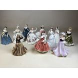 A quantity of figurines. Includes 3 Coalport ladies of fashion, 6 Royal Doulton ladies Adrienne,