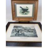 A large John R Reid print and a coloured engraving of black birds in pine frame. Frame size W:90cm x