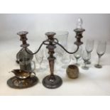 A Barker- Ellis candelabra together with Selangor pewter items, glass and other items H:31cm