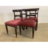 A set of four Georgian dining chairs with reeded legs and upholstered seats. Seat height H:46cm