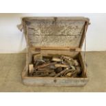 A vintage tool box with masonry chisels and other tools etc.