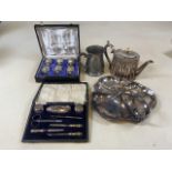 A Collection of silver plated items also with silver handled and rimmed cased writing set.