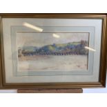 An early 20th century watercolour of Bideford estuary and bridge. W:33cm x H:17cm