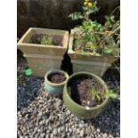 A pair of glazed squared ceramic planters also with two small planters.