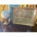 A small globe also with a framed map North and East Riding Yorkshire GLOBE H:36cm MAP APPROX W: