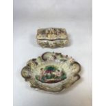 Vintage Capodimonte dish and lidded box W:18cm x H:10cm dimensions of box