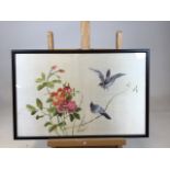 A Chinese embroidered picture of roses and birds W:55cm x H:36cm