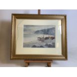 Elsie M Haynes (British) watercolour of Beer beach and fishing boats, Devon. In modern gilt frame