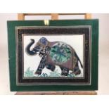 A hand painted Indian silk painting of an elephant W:29cm x H:23cm