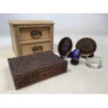 Small Cloisonne items a glass paperweight , small wooden chest and a carved wooden box.