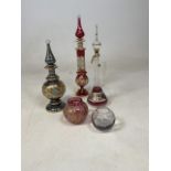 Three Egyptian glass highly embellished perfume bottles together with 2 other items H:34cm Tallest
