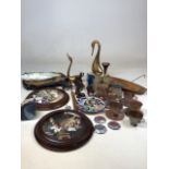 A quantity of collectible items including copper tea set, wooden items, polished quartz, MG