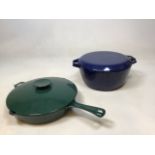 A Morso enamelled cast iron saute pan with lid red 7306 also with a Morso casserole dish. Made in
