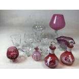 A pair of Mary Gregory style bottles together with other decorative glass items and cut crystal