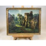 Reuben Moring (British 20th century) oil on board of Stokesay Castle, Salop. Signed lower left. W: