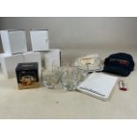 Ten unused and boxed Whyte and Mackay whiskey tumblers also with Cunard Queen Elizabeth memorabilia.