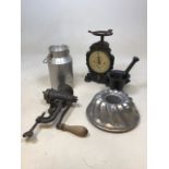 Kitchenalia including a milk churn, a magic chopper by Follows & Bate ltd, an iron mortar and