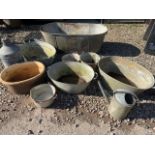 A large collection of galvanised garden metal ware.