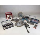 A quantity of of silver plated items, glass, boxed cutlery and 2 Rolls Razors - 1 boxed