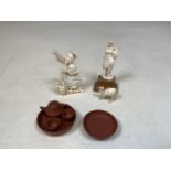 Miniature terra cotta tea set together with 3 oriental figures W:5.5cm width of tea tray H:2.5cm tea