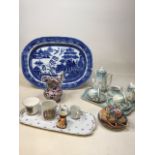 A large nineteenth century willow pattern meat platter also with other ceramic items W:39cm x H:37cm
