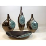 Three large decorative contemporary vases with a matching bowl. Tallest vase 48cm W:45cm x D:26cm