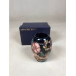 Moorcroft Oberon vase with original box and sleeve. Dated 1993, designed by Rachel Bishop. Signed to