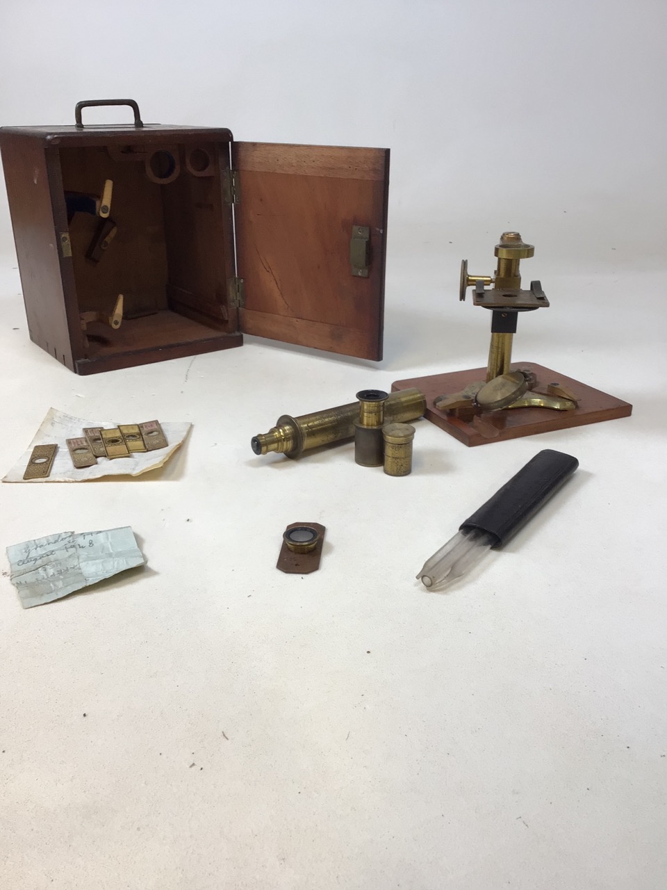 A brass microscope by Negretti & Zambra in original mahogany case with lenses and slides W:18cm x - Image 2 of 7