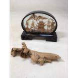 A hand carved cork diorama also with a carved tree fungus W:22cm Tree fungus