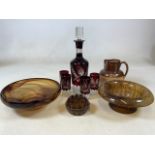 Davidson art glass, Doulton style jug also with a Bohemian style ruby red decanter and glasses.