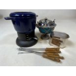 Invicta France fondu set also with a silver plated pot pourri dish with glass liner etc.