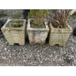 Three reconstituted stone planters and another. W:34cm x D:34cm x H:40cm