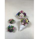 A Royal Adderley china posy shell also with two Coalport posies and one other (A/F)