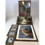 Three petit point pictures and four woven Cashs pictures of birds