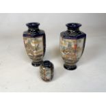 Three highly decorative Japanese vases decorated with Samurai warriors. Repair to one large vase H: